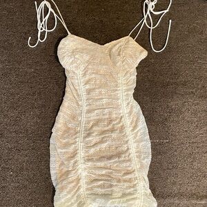 Fashion Nova Cream Ruched Midi Dress